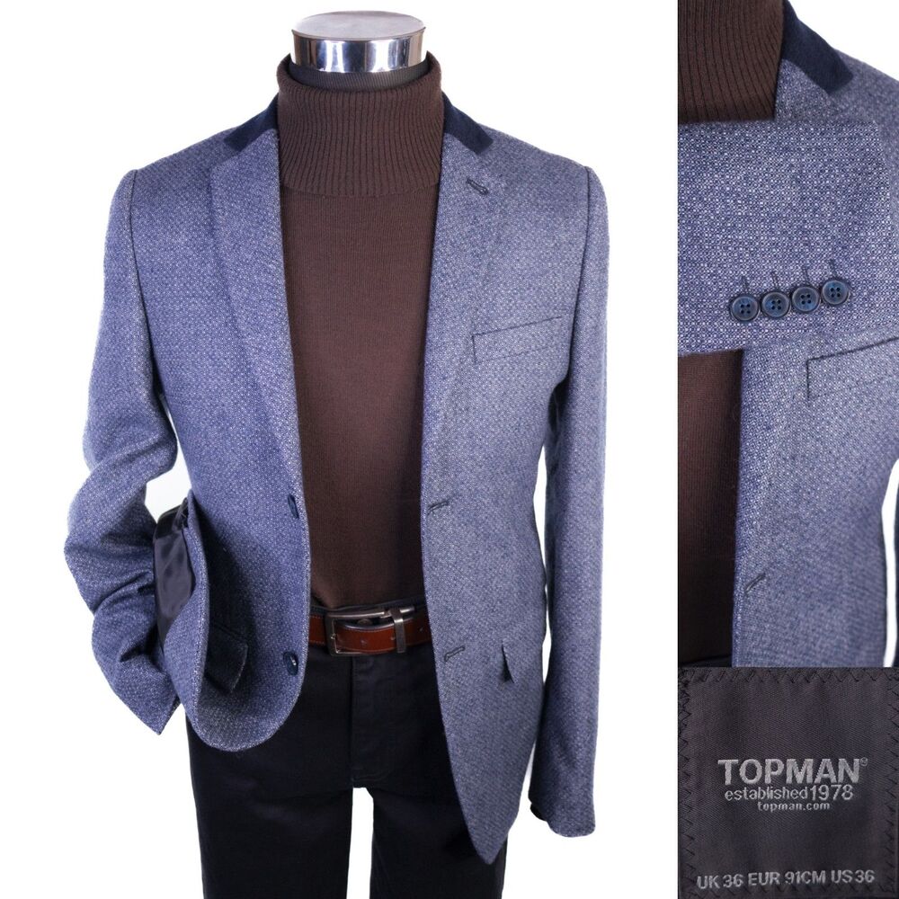 TOPMAN Sport Coat Blazer Sz 36R Blue Poly Blend Casual Jacket Two Button